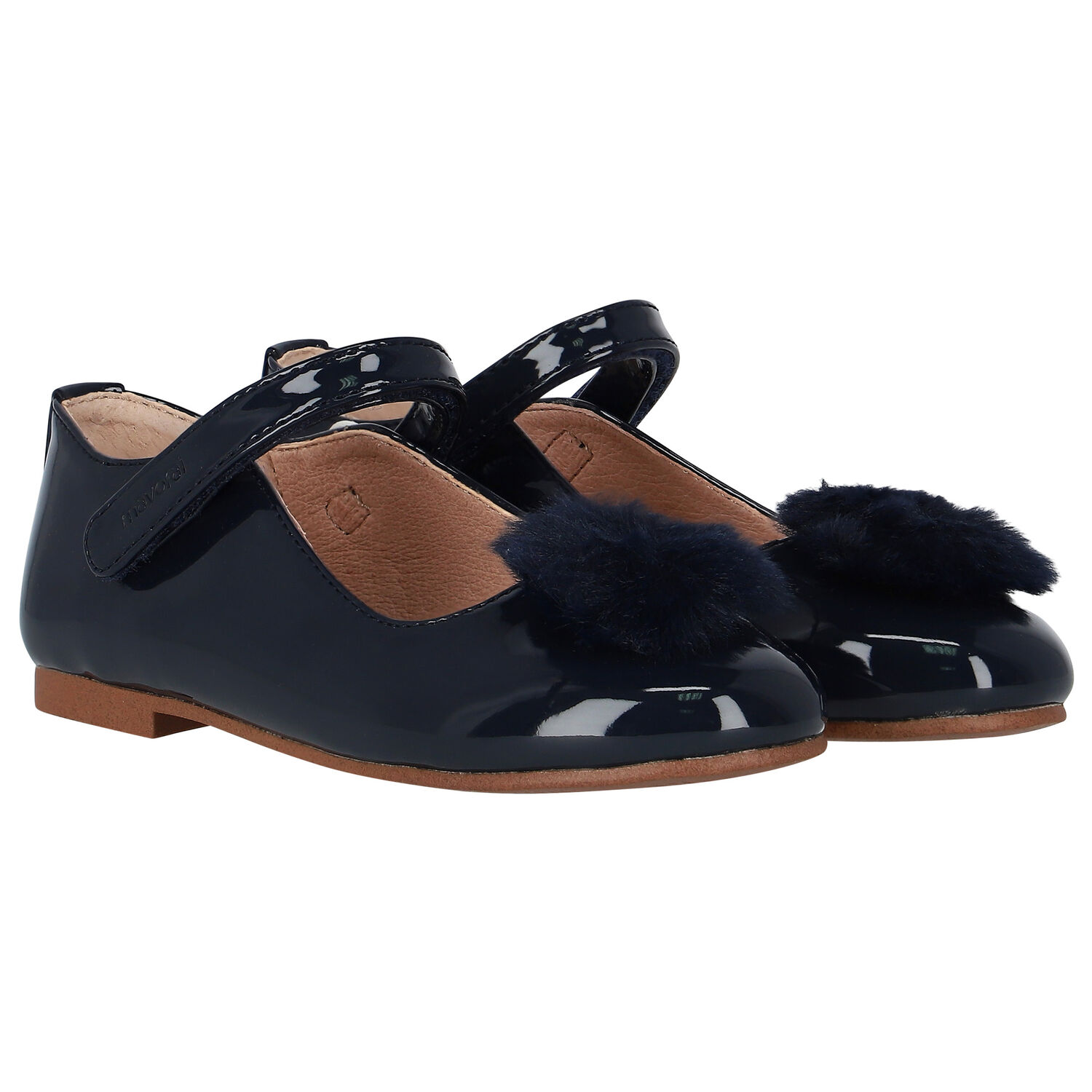 Girls Navy Blue Fur Patent Leather Shoes, 2, hi-res